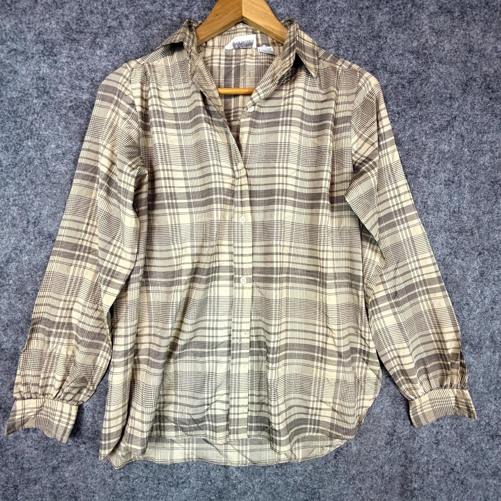 Vintage Evan Picone Shirt Womens 6 Beige Black Plaid Secretary‎ Preppy Retro